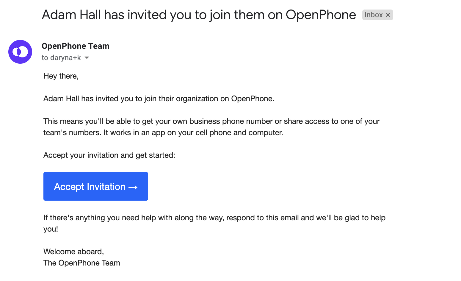 OpenPhone invitation in Gmail