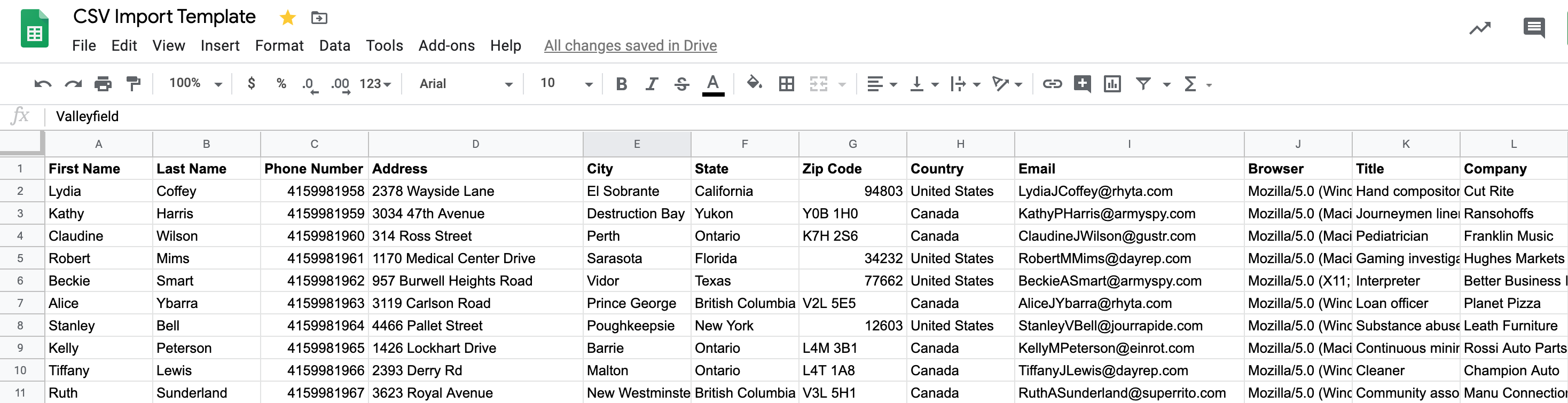 sample CSV file on Google Sheets