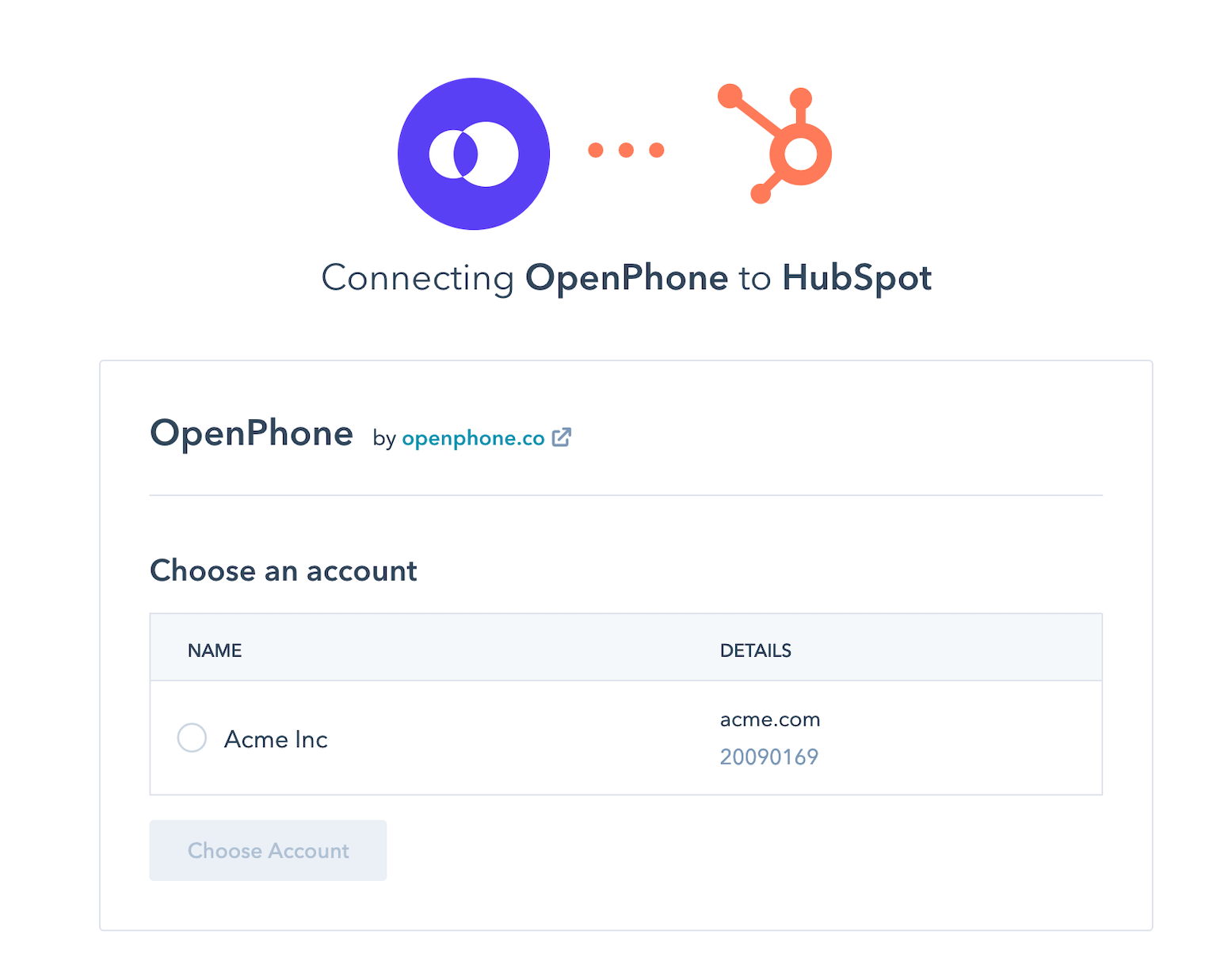 screen where you confirm which HubSpot account you wish to connect to OpenPhone