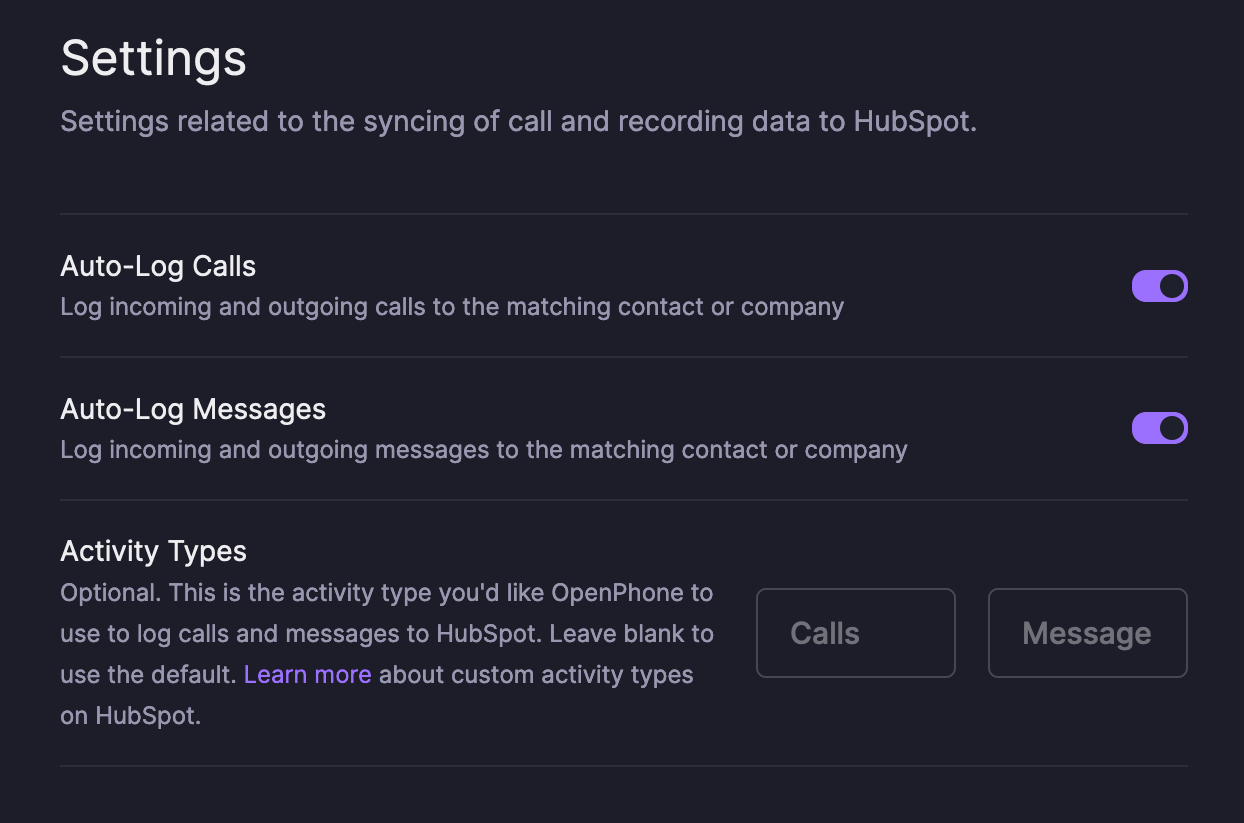 settings for the HubSpot integration you can adjust in OpenPhone