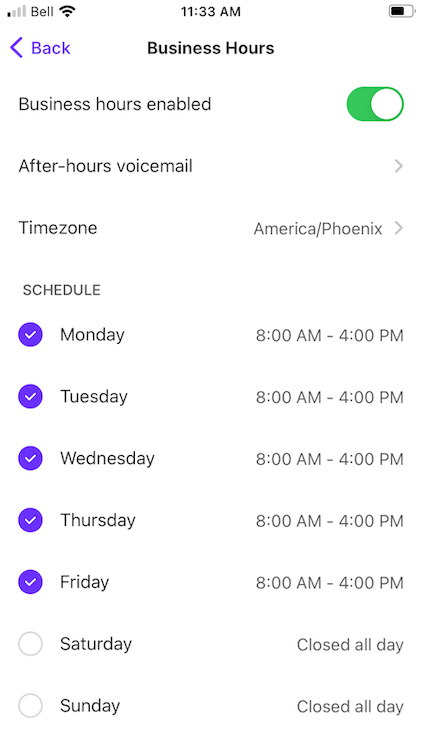 adding in business hours in the OpenPhone mobile app