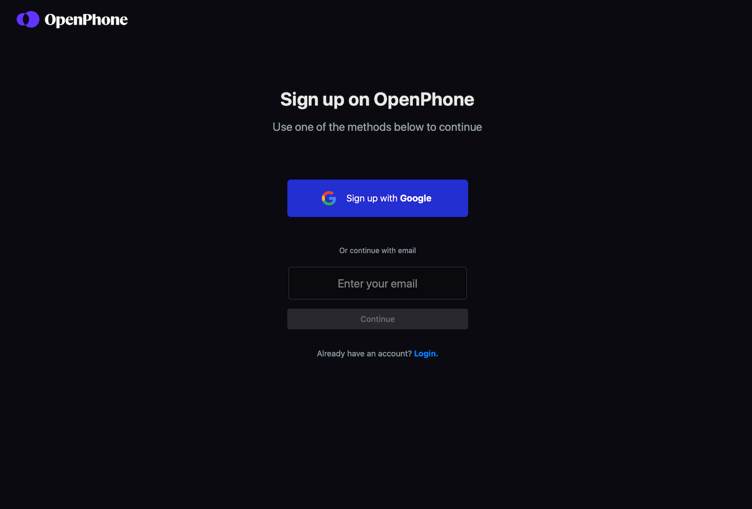 Sign up page on the OpenPhone website