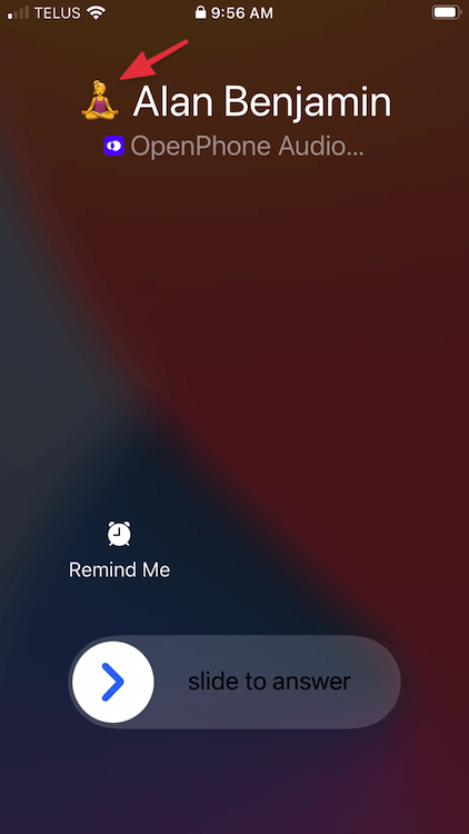 incoming call to an OpenPhone number showing the emoji associated with the inbox so you can distinguish what number a contact dialed to reach you