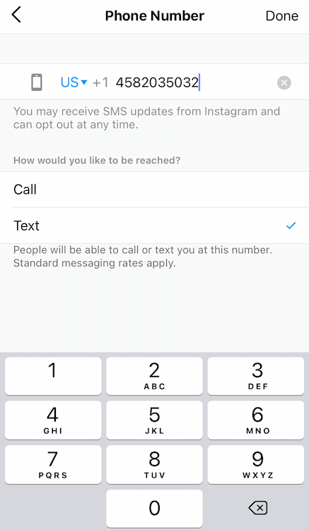adding a phone number to Instagram's profile settings