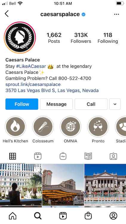 Caesar Palace's Instagram profile containing a call option