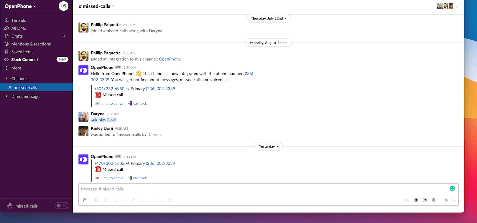 OpenPhone notifications displaying in a Slack channel