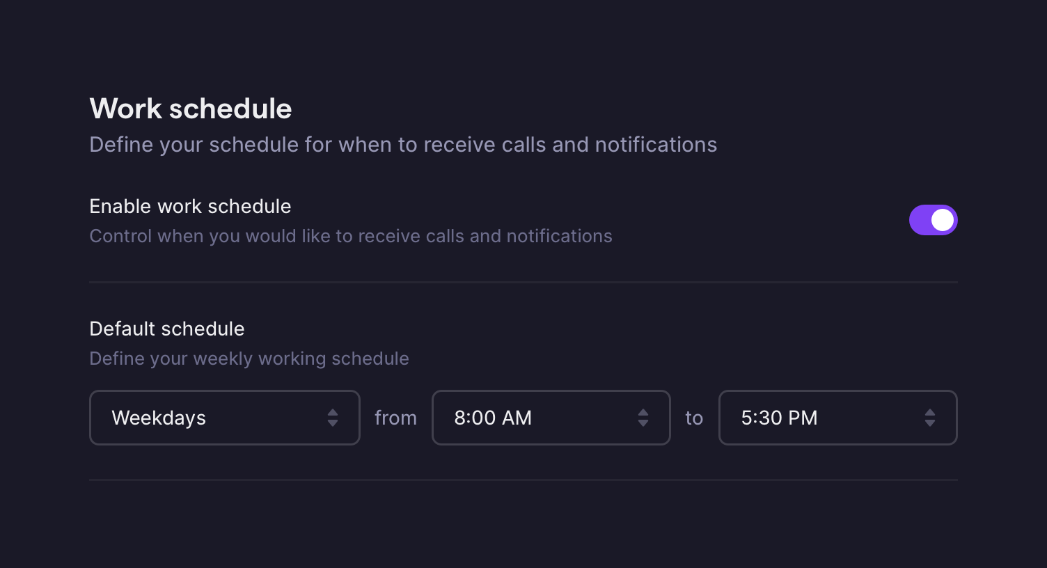 work schedule settings in OpenPhone