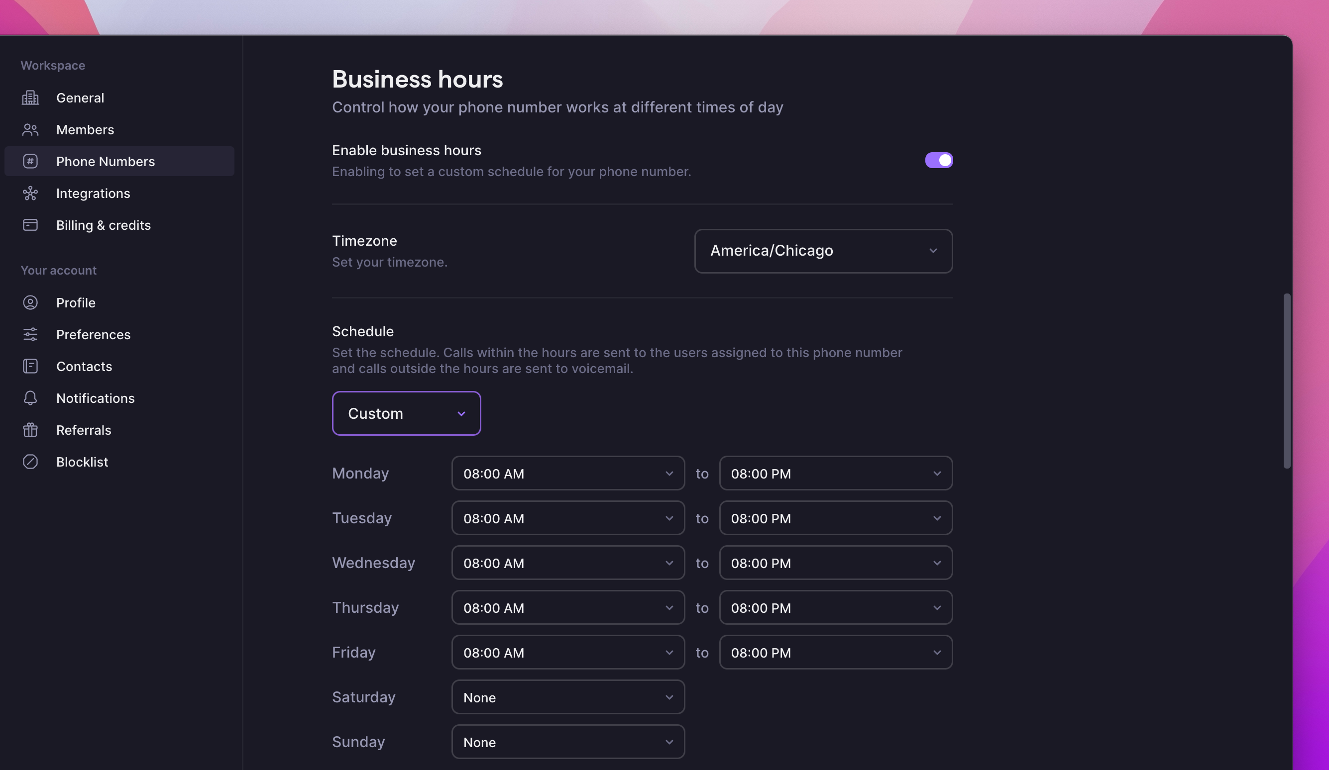 Custom hours option for business hours in OpenPhone
